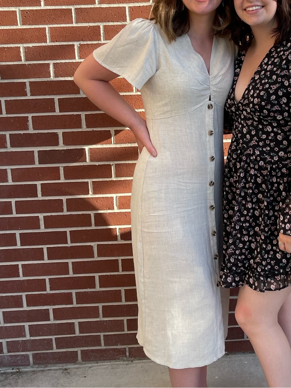 Neutral Cream Button-Front Midi Dress with Puff Sleeves